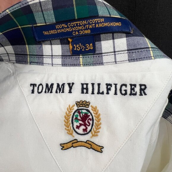 Y2K Tommy Hilfiger Pleated‎ Tuxedo Shirt Plaid Cuffs & Collar Size 15.5 34 - Picture 7 of 8